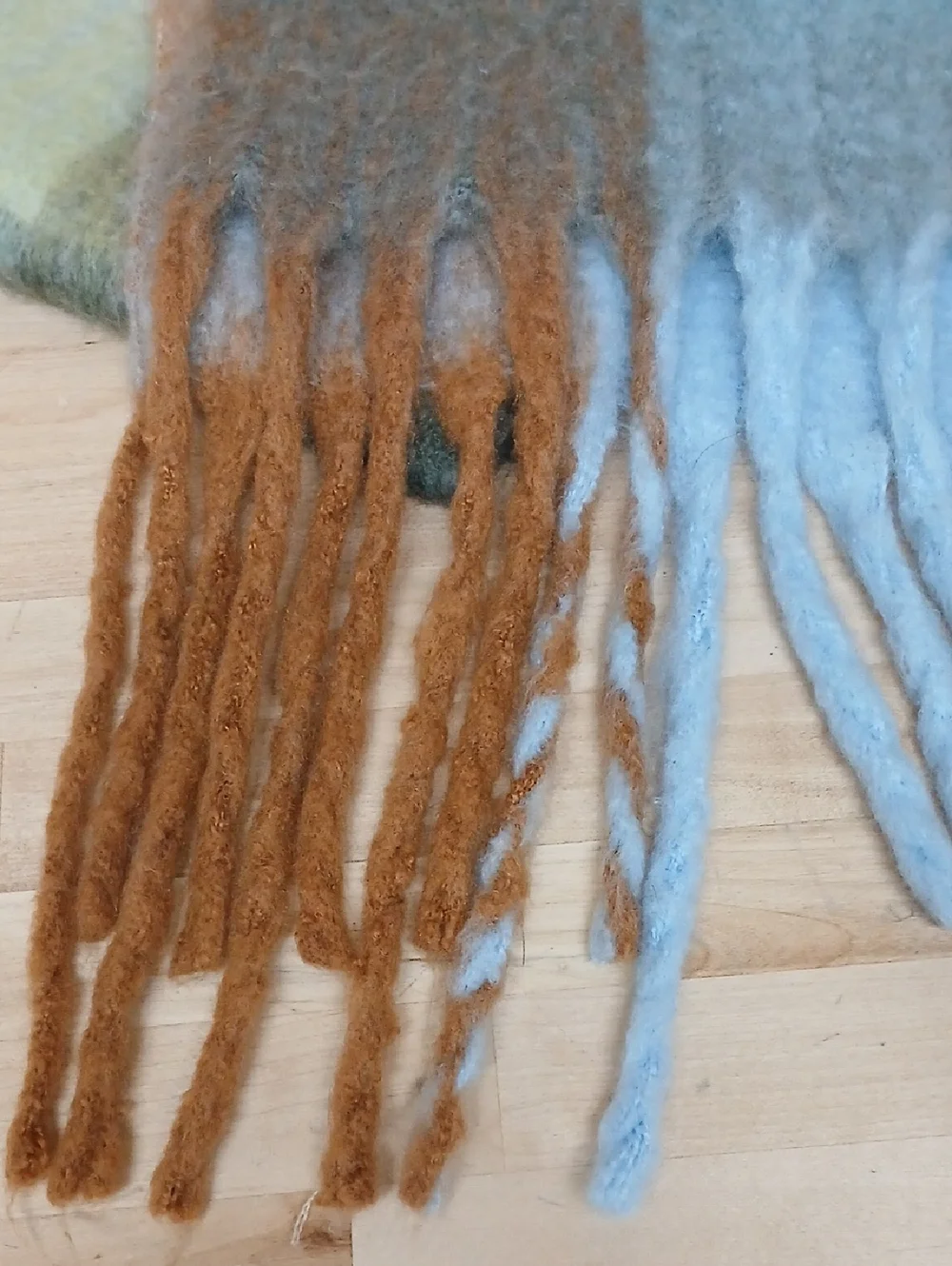 Acne Oversized Multicolor Plaid Fringe Scarf in Blue, Brown, Cream - Picture 2 of 6